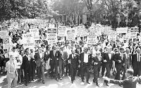 Photograph of the March on Washington, August 28, 1963, shows civil rights and union leaders, including Martin Luther King Jr.