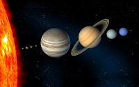 Solar System illustration showing the relative size of the Sun and the planets - Mercury, Venus, Earth, Mars, Jupiter, Saturn, Uranus, Neptune and Pluto (dwarf planet).