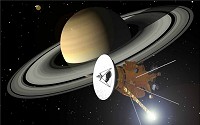 Cassini, the space probe launched in 1997, orbiting the planet Saturn in the year 2004.
