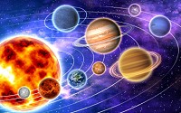 Solar System illustration showing the Sun and the planets with their surface features as seen from space.