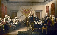 The famous painting depicting the five-man drafting committee of the Declaration of Independence presenting their work to the Congress.