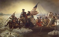 This painting commemorates General George Washington's crossing of the Delaware on December 25, 1776, during the American Revolutionary War.