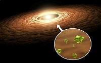 The image shows a young sun-like star encircled by its planet-forming disk of gas and dust.